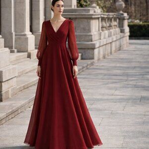 Mac Duggal Garnet Red Chiffon Maxi Dress A-Line Long Sleeve Surplice  Gown 6
